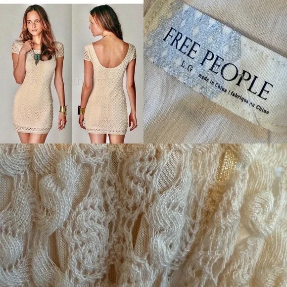 Free People NWT Ivory Crochet Gypsy Boho Scoop Sheath Dress L New - Picture 3 of 12